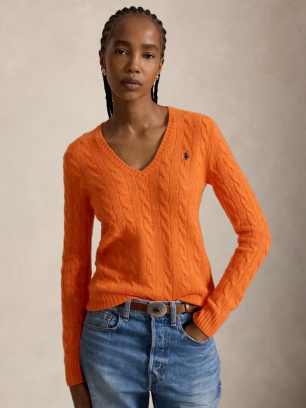 Ralph Lauren Burnt Orange Cable-Knit V-Neck Sweater